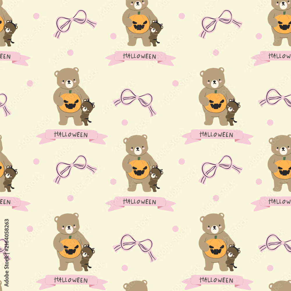 Fototapeta premium Halloween Mama and Baby Bear Seamless Pattern with Pumpkin, Bow and Loving Family Bond