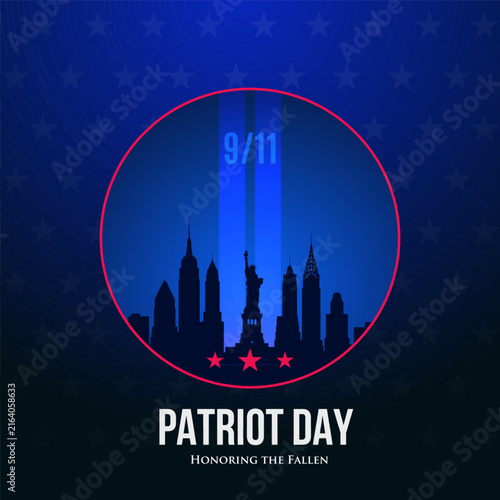 City skyline silhouette highlighted by beams of light, symbolizing resilience and remembrance. Stars frame scene, embodying unity and tribute on Patriot Day.