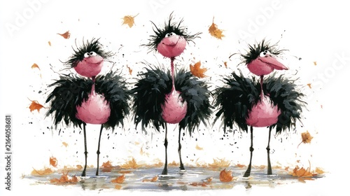 Three whimsical cartoon ostriches with fluffy black feathers and pink bodies in autumn leaves