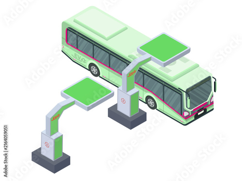 isometric scene with electric bus and pantograph charging stations design