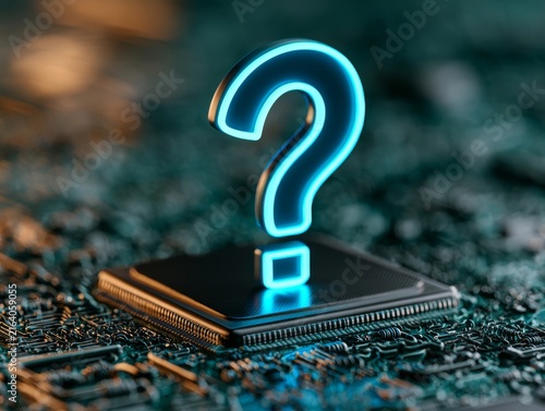 Bright neon blue question mark hovering above a textured electronic circuit board, symbolizing curiosity, technological challenges, digital exploration and artificial intelligence research. 
