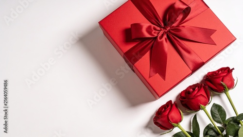 Romantic Red Gift Box and Roses on White Background for Valentine s Day and Celebrations