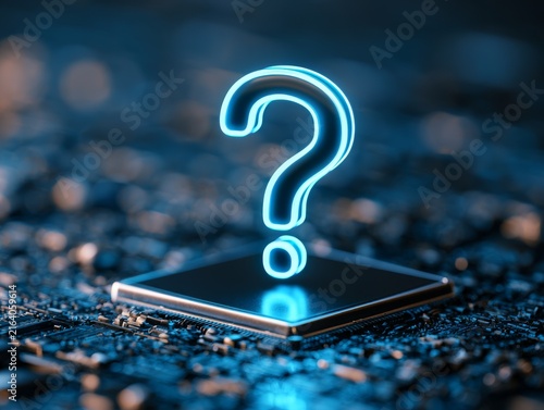 Bright neon blue question mark hovering above a textured electronic circuit board, symbolizing curiosity, technological challenges, digital exploration and artificial intelligence research. 
