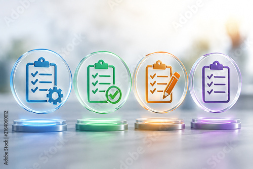 Colorful glass icons displaying checklist and task management process concept.