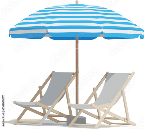 Blue Striped Beach Umbrella with Two Reclining Lounge Chairs Vector Illustration for Summer Vacation, Resort Travel, and Tropical Holiday Graphic Designs
