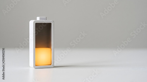 Battery icon shape with partial glowing fill level on grey surface, chronic fatigue and limited energy capacity concept art horizontal with copy space