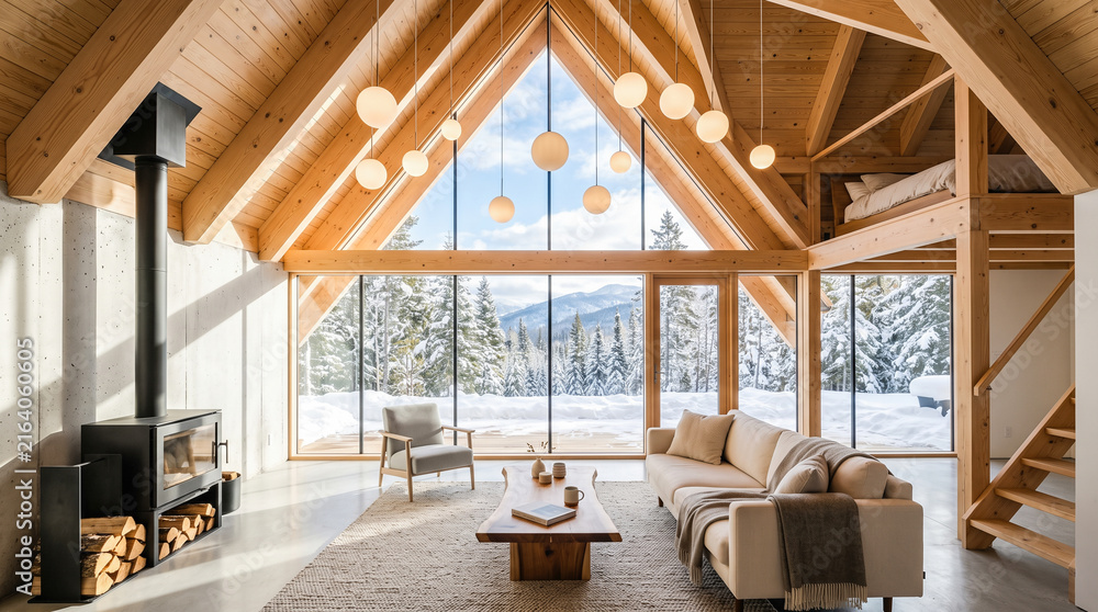 Fototapeta premium Modern wooden cabin living room huge triangular window snowy winter forest landscape view comfortable sofa black fireplace warm cozy mountain home interior