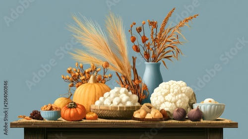Autumn harvest still life with pumpkin cauliflower figs and dried flowers