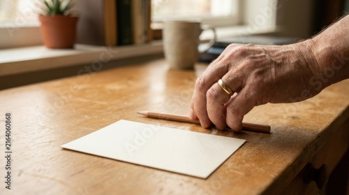Hand Arranging Pencil and Blank Card on Warm Wooden Study Desk