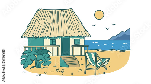 Foto A charming tropical beach hut with a thatched roof and a lounge chair