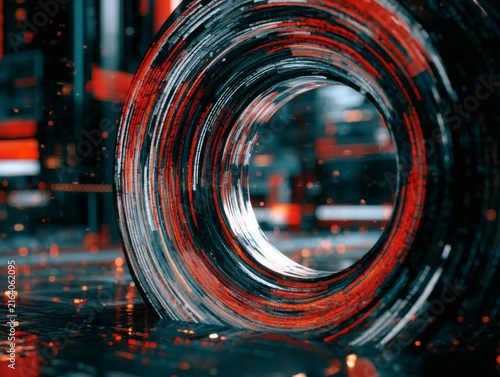 Circular portal built from rotating holographic code fragments, opening into an abstract cyber dimension filled with glowing geometric structures and floating light particles. 