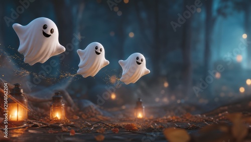 Happy cute halloween ghosts flying over forest path with lantern and magical sparkles
