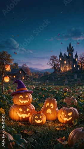 Magical pumpkin patch of glowing jack o lantern family near spooky castle at dusk