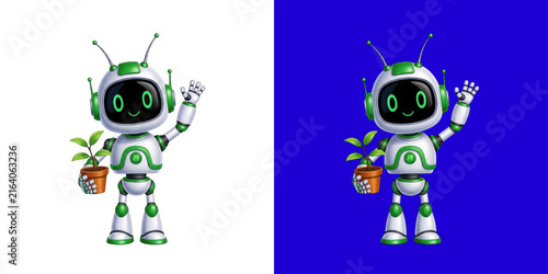 Friendly green and white robot waving hand holding a small plant