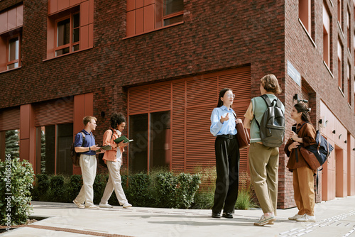 Bild auf Leinwand Diverse young adult students standing and walking outside university building, talking and holding books