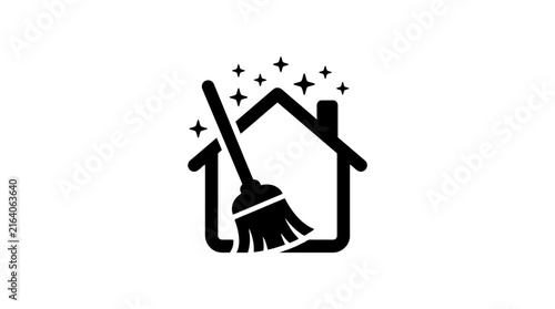 House cleaning service symbol with a broom and sparkling stars icon representing home maintenance, sanitation, housekeeping, and residential cleanup solutions