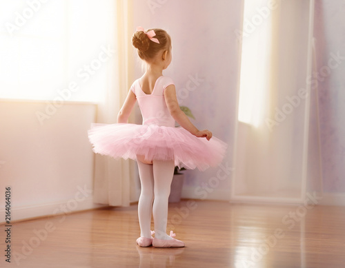 Back view of a little girl wearing a pink ballet tutu indoors.