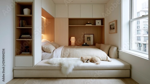 Cozy bed nook with dog and natural light through window