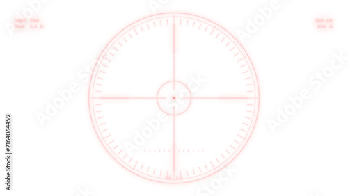 Military tactical scope overlay, bearing ring aiming point in red crimson, sniper rifle sight with range and windage marks on transparent background