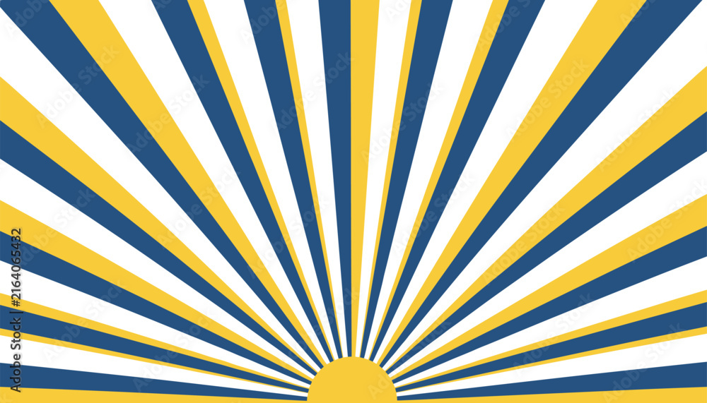 Obraz premium Colorful retro sunburst background featuring alternating bold yellow and dark blue rays radiating from a bottom-center sun.
