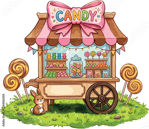 Whimsical Vintage Candy Cart Stall on Green Grass with Large Lollipops and Big Pink Bow for Sweet Shop and Fairytale Vector Illustrations