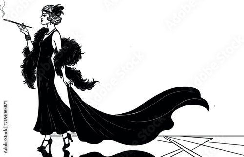 Vintage Nineteen Twenties Flapper Woman Silhouette Vector Illustration Wearing Evening Gown Feather Boa and Holding Cigarette Holder for Retro Party Designs