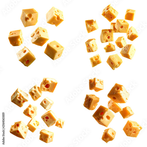 Clusters of Swiss cheese cubes on white background