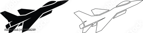 Black silhouette and dotted outline graphic illustration of a military jet fighter with airplane silhouette aircraft aviation military transport