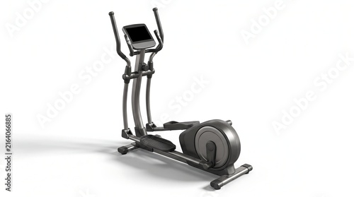 Modern elliptical cross trainer machine for home fitness isolated on white background.