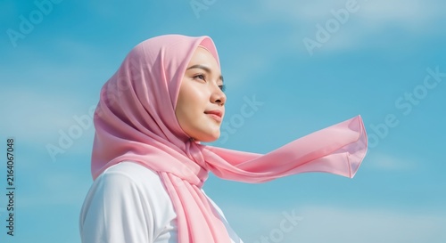 A young woman wearing a pink hijab looking towards the sky with a hopeful expression