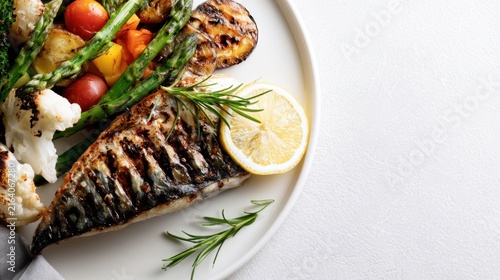 Grilled fish fillet with roasted vegetables and lemon slice on transparent background