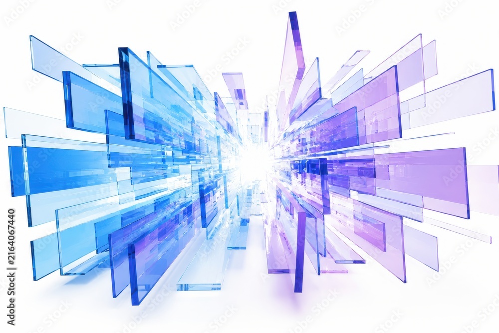 Fototapeta premium Blue and purple translucent rectangles extending into bright light with motion blur effect