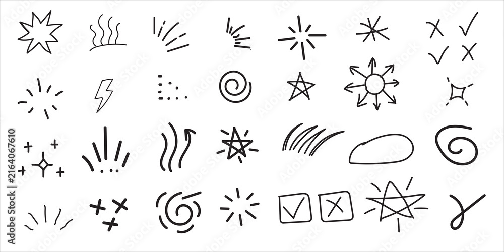 Fototapeta premium Set of hand drawn doodle elements including stars sparkles swirls check marks and abstract decorative shapes