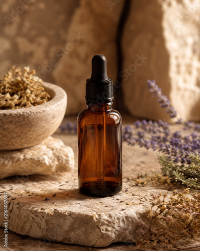 Amber Glass Dropper Bottle on Stone with Dried Herbs and Lavender