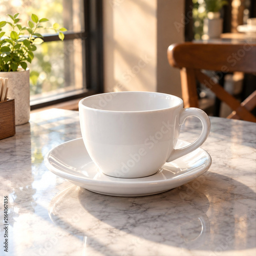 Cozy Morning Coffee: White Cup on Marble Table with Sunlight