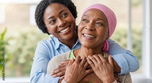 A supportive young woman embracing her older mother who is wearing a pink headscarf, representing care, love, and emotional support during a health journey