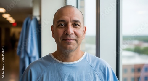 A middleaged man wearing a hospital gown standing by a window, representing a patient in a medical facility, recovery, and healthcare experiences