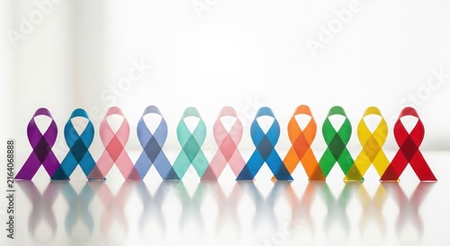 A row of various colorful awareness ribbons isolated on white background