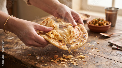 Close Up View of Hands Tearing Apart Hot Crispy Layered Lachha Paratha with Visible Steam Served with Chai Tea and Curry on Wooden Table