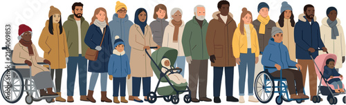 Diverse Group of People of Different Ages and Ethnicities Wearing Warm Winter Clothes and Jackets Vector Illustration Isolated on White Background for Community Concept Designs
