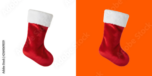 Red Christmas stocking with white fur trim holiday decoration object png
