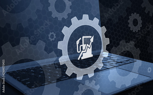 A digital laptop displays a glowing gear icon with a fuel pump and an upward rising price arrow, symbolizing energy inflation and rising transportation costs in a modern technical environment.