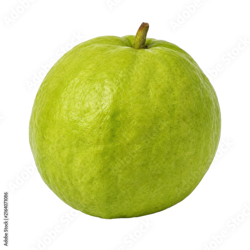 Fotografie Single fresh green guava fruit with a small stem, captured with bright studio li