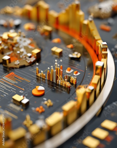Golden 3D bar chart city built on a circuit board, business finance and technology concept