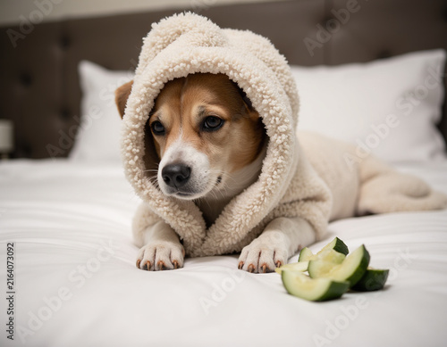 Cute Dog Wearing Soft Cream Hooded Bathrobe Lying on White Bed with Cucumber Slices
