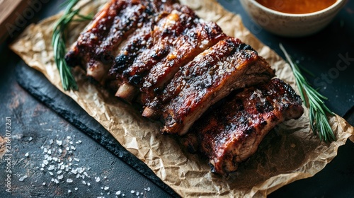 Delicious glazed pork ribs with rosemary and coarse salt on parchment paper