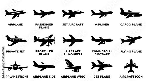 Collection of black vector airplane silhouettes for modern graphic design projects