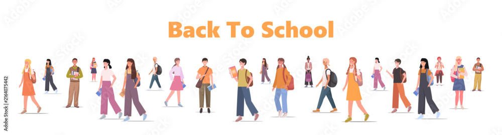 Fototapeta premium Back to school. Group of students carrying books and backpacks. Welcome Back to school. Education, learning, youth, and academic start concept. Vector not AI generated.
