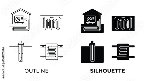 Geothermal Heat Pump System Schematics: Outline and silhouette diagrams illustrating the components and operation of a geothermal heat pump system, showcasing indoor and outdoor units.