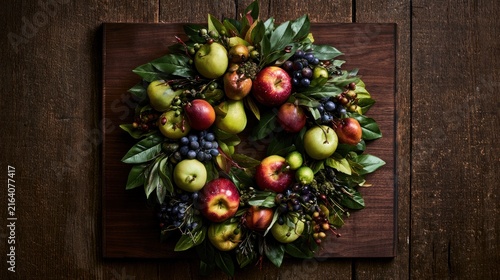 Autumn fruit wreath with apples pears and grapes on wooden board
